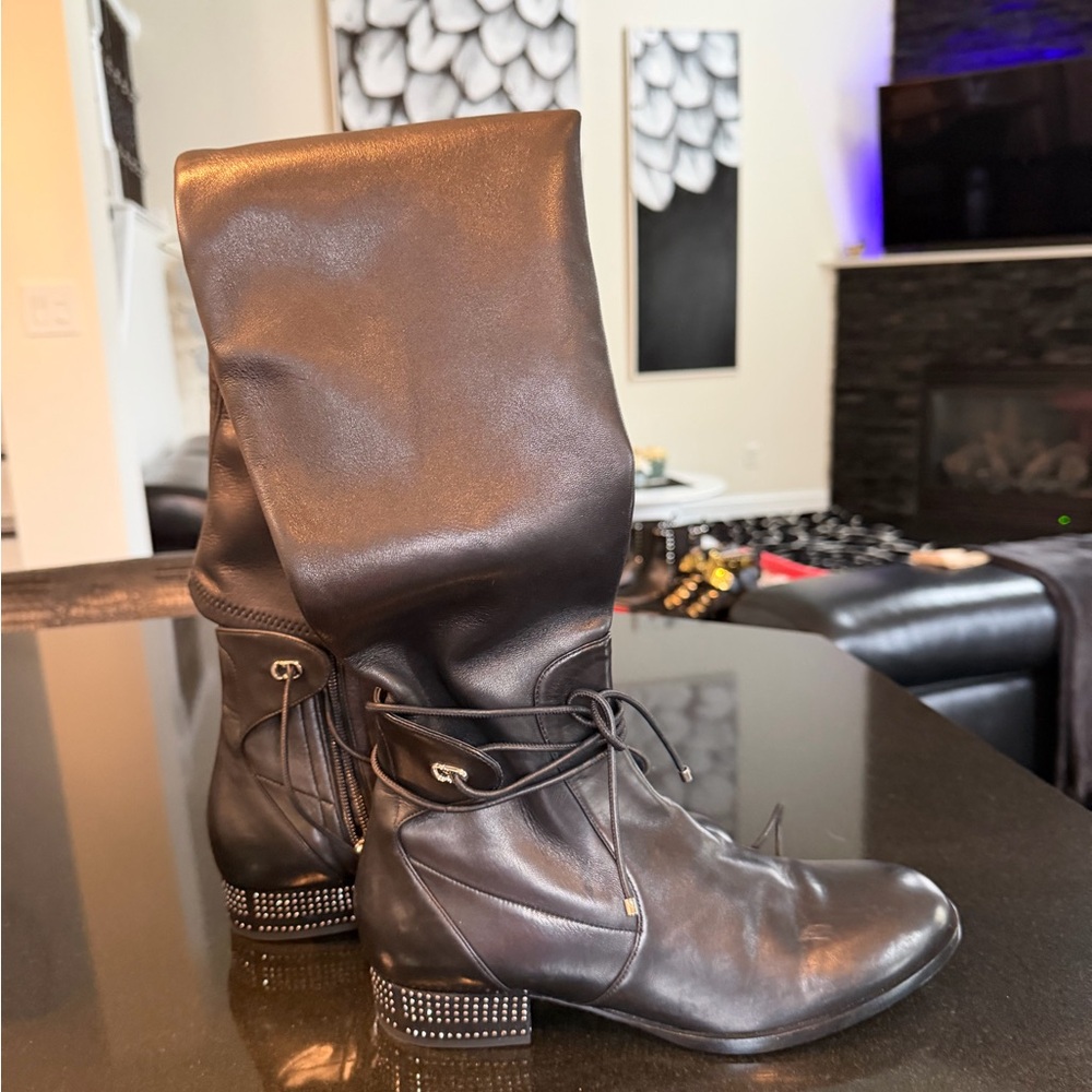 Black Leather Boots with Studded Heels
